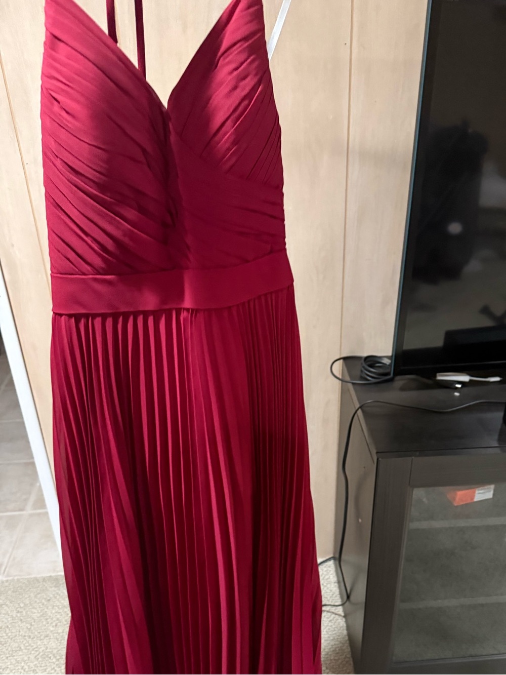 David's Bridal V-Neck Pleated Red Formal Dress